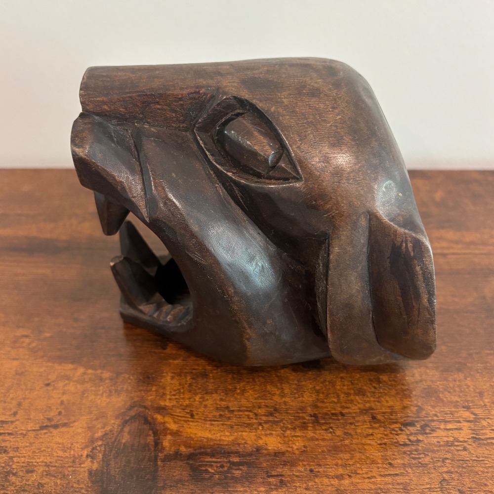 Hand Carved Wood Jaguar Head Sculpture Panther Folk Art Figurine Dark Brown - Picture 3 of 8